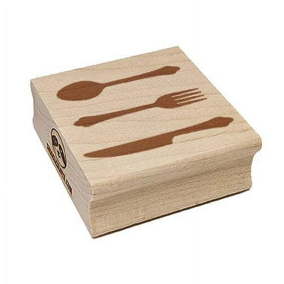 Knife Fork Spoon Kitchen Dining Set Square Rubber Stamp Stamping Scrapbooking Crafting - Small 1.25in