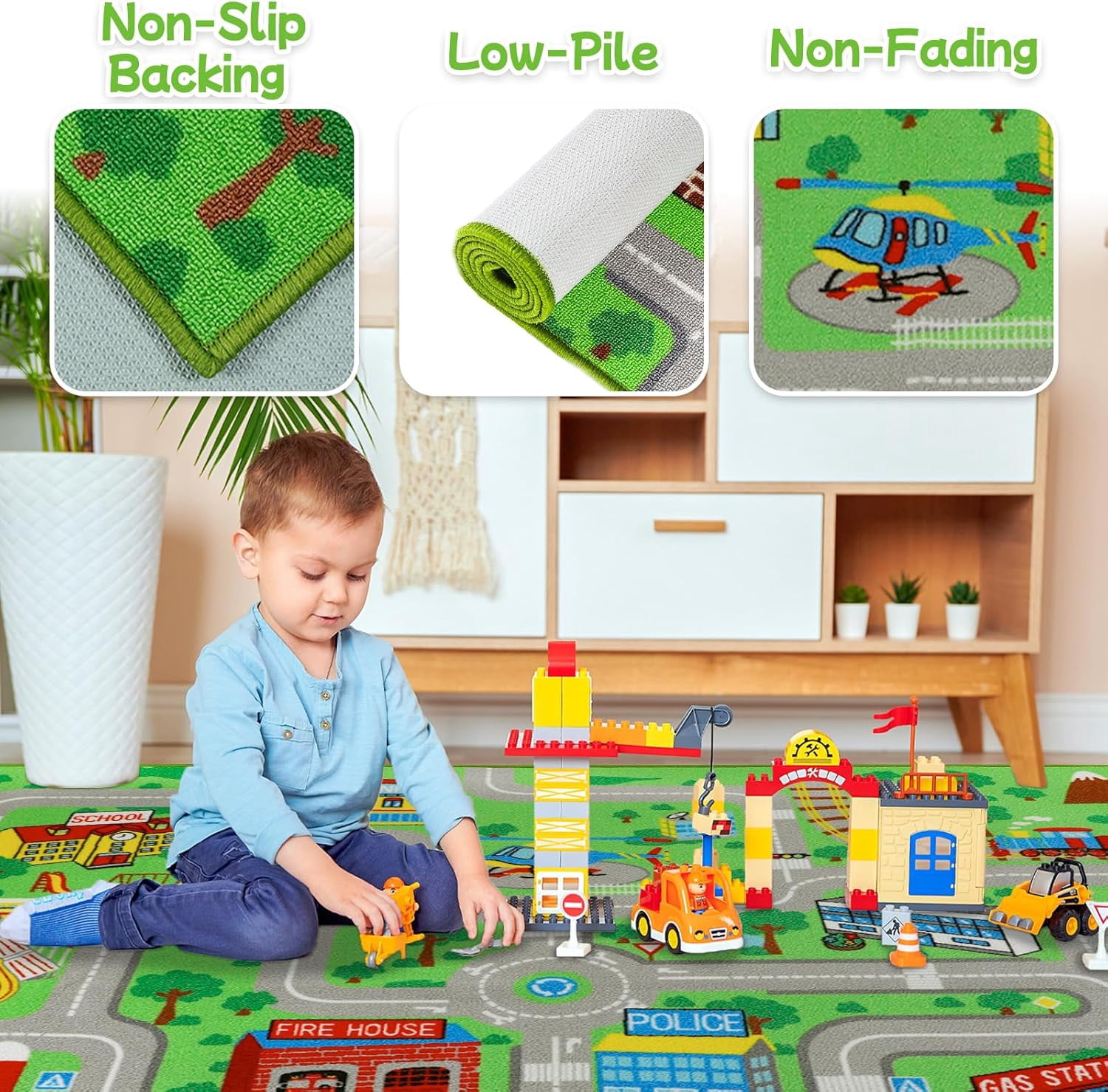 ORGOWEL Kids Carpet Playmat Rug 59"x78.7" Traffic Road Kid Play Car Mat Non-Slip Children Educational Game Car Mat Area Rug for Playroom Bedroom,Large Town City Road Map Car Mat for Baby,Green