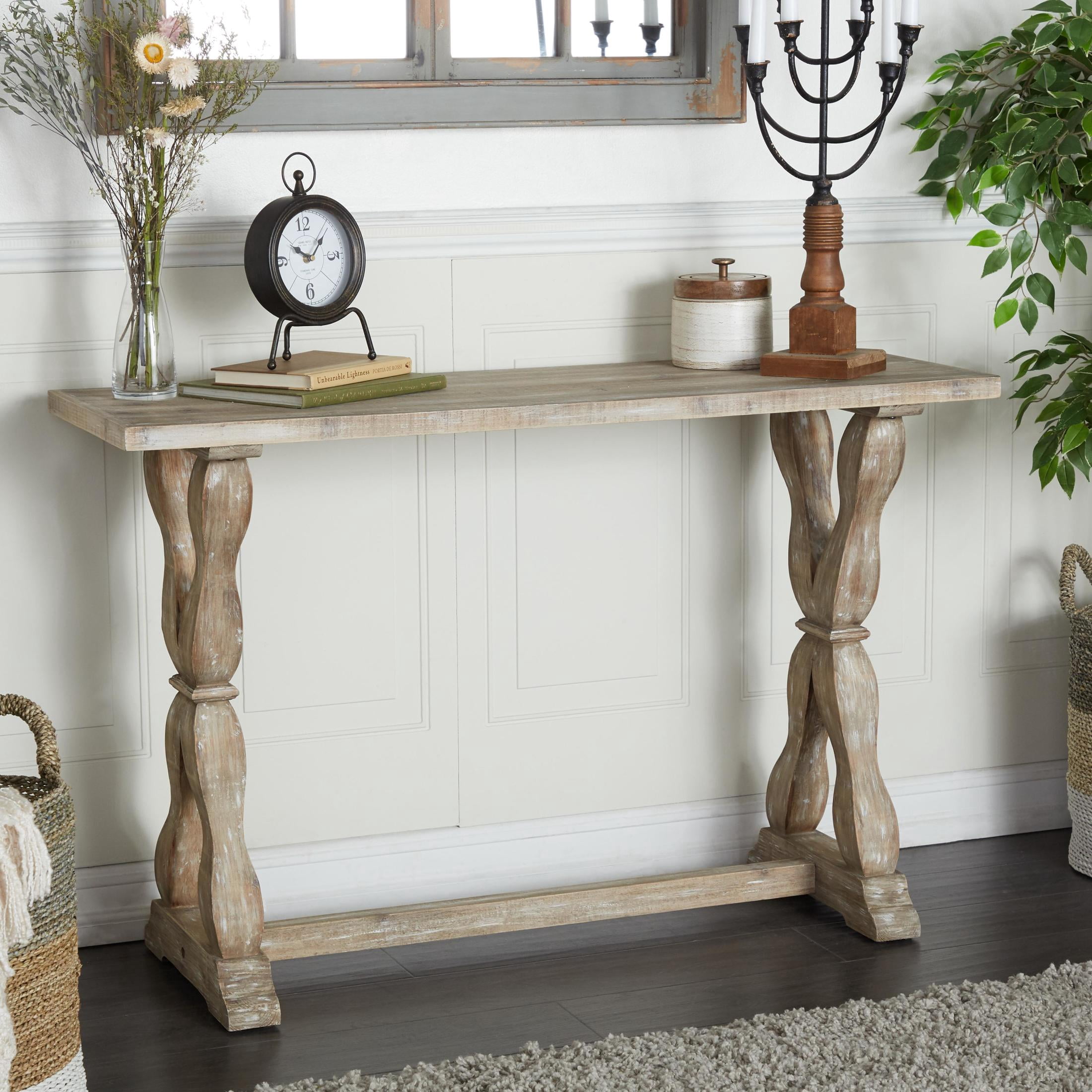 DecMode 48" x 32" Brown Wood Whitewashed Console Table with Angled Turned Legs, 1-Piece