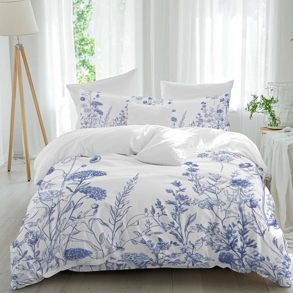 Blue Flower 4 Piece Duvet Cover Set Twin Size Spring Wildflowers Blue White Line Botanical Vintage Soft Bedding Set Comforter Cover, 1 Duvet Cover 1 Flat Sheets and 2 Pillowcases