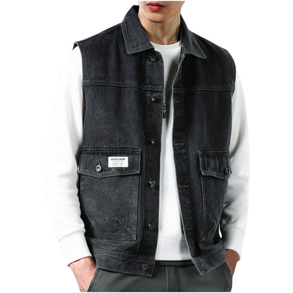 cocolona Mens Motorcycle Turndown Collar Denim Punk Sleeveless Jacket Fashion Casual Solid Color Jean Vest