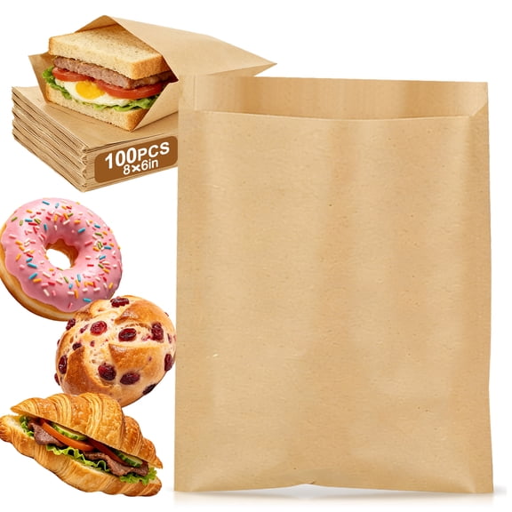 Sadocom Sandwich Bags, Christmas Treats All Purpose Food Grade Brown Wax Paper Bags 8"×6" Greaseproof, Leakproof Kraft Paper Baking Bags, For Bakeries, Cookies, Baked Foods 100 Count