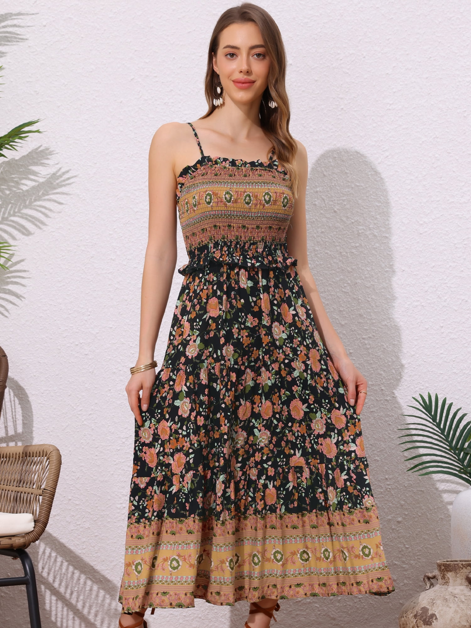 DARING DIVA Spaghetti Strap Smocked Maxi Boho Floral Dress S Black