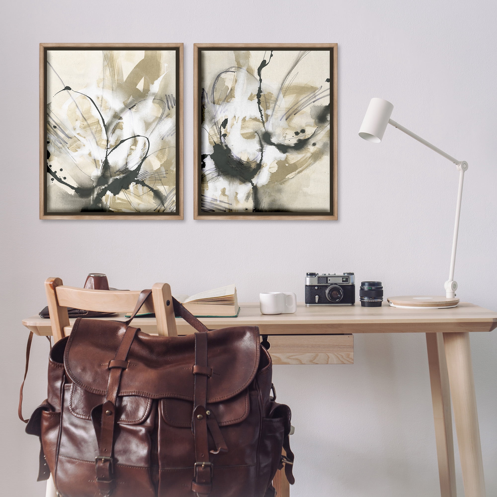 Stupell Industries Beige & Black Splatter Abstract Painting Brown Floater Framed Canvas Art Print Wall Art, 25 x 31, Set of 2