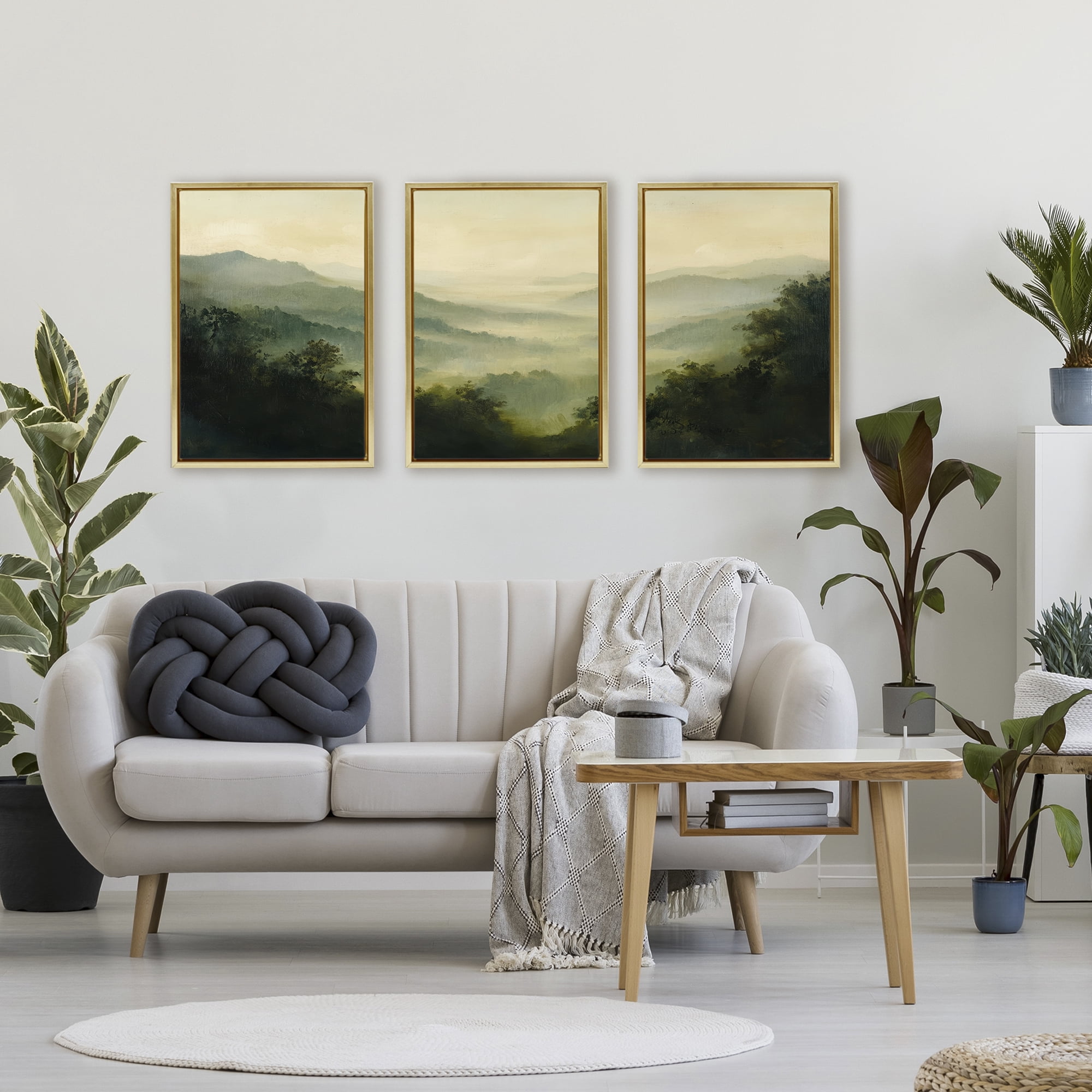 Stupell Industries Through The Haze Mountain Panorama 3 Piece Gold Framed Floater Canvas Set, design by Petal Prints Design