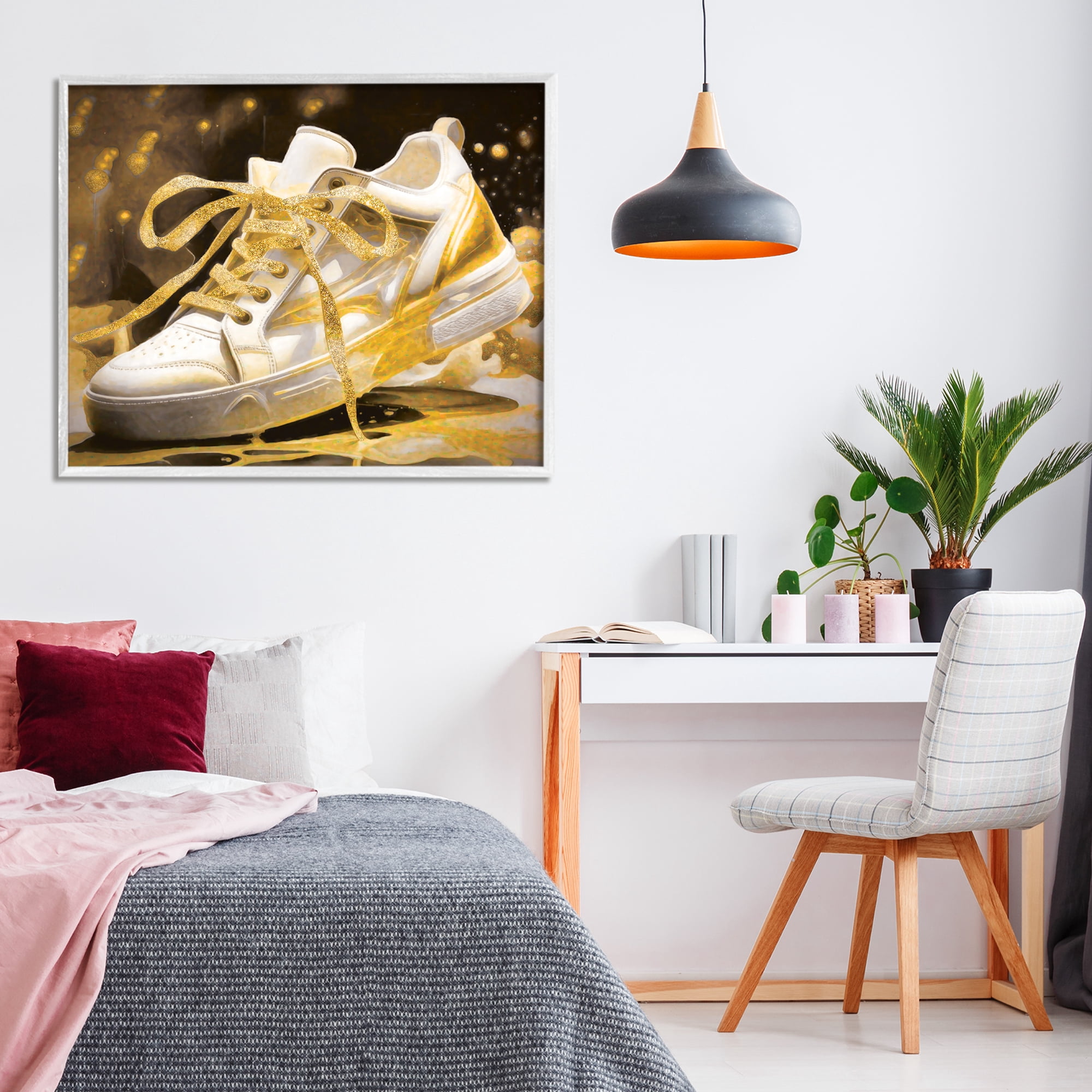 Stupell Industries Splashy Gold Sneaker White Framed Giclee Art, design by Grotto Studios