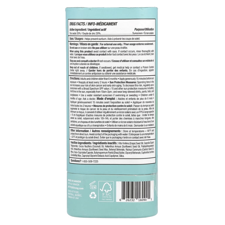ATTITUDE Sunly, Mineral Sunscreen Stick, SPF 30, Unscented, 2.1 oz