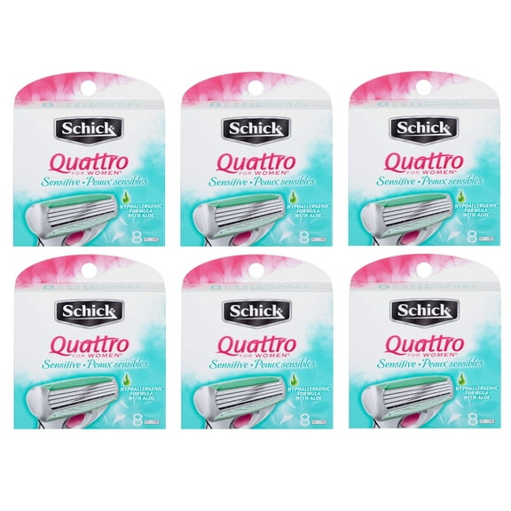 Schick Quattro for Women Sensitive Hypo Allergenic Aloe Refill Blade Cartridges, 8 Count (Pack of 6)