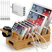 BEEBO BEABO Bamboo Charging Station, Wood Docking Stand Device Organizer with, Desk 7 slots Wood Docking Stations
