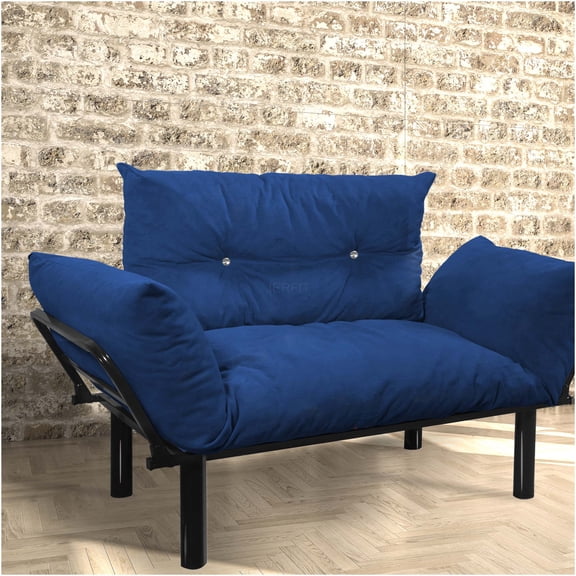 JERFIT Modern Blue Metal Loveseat Sofa with Foam Cushion for Small Spaces, Easy Assembly Futon Couch