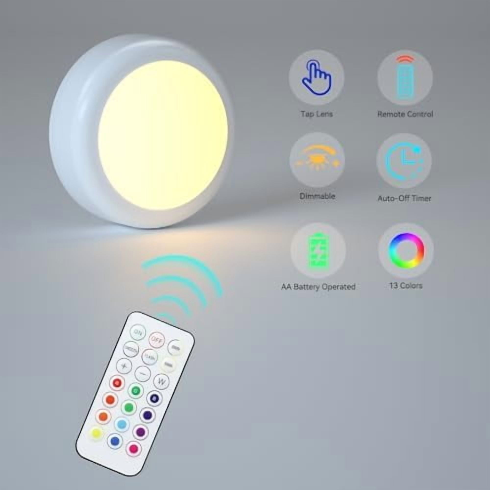 Puck Lights with Remote Control, Battery Operated LED Push Light Wireless, 13 Color RGB - for Closet, Bedroom Wall, Under Cabinet, Battery Powered Puck Lights. Convenient 3M Stick On, 6 Pack