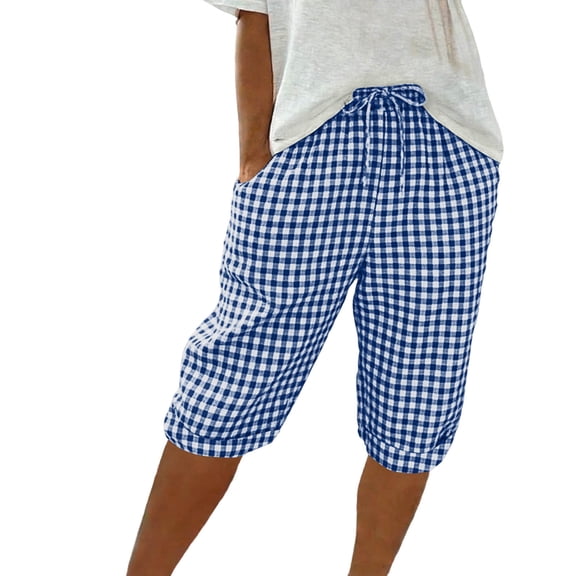 GUACER Women's Capris Fashion Gingham Drawstring Elastic Waisted with Pockets Breathable Relaxed Fit Casual Summer Shorts