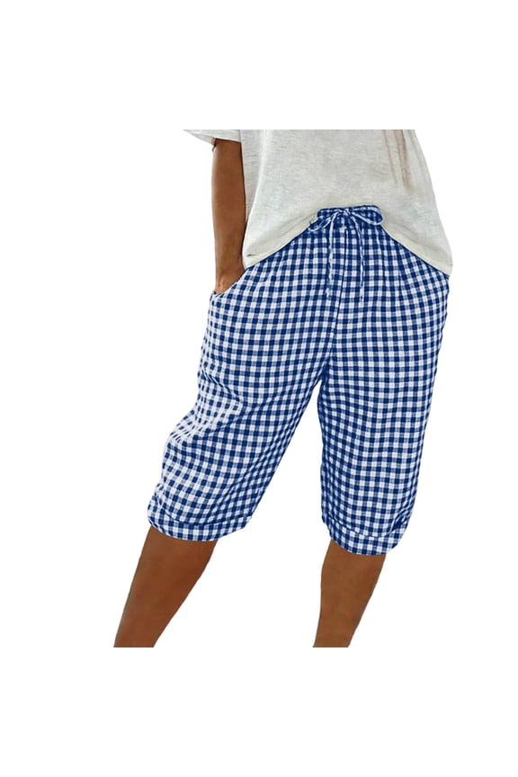 Women's Linen Look Checkered Shorts | 5-Inch Drawstring Waist Casual Shorts, 100% Pre-Shrunk Cotton Loose Fit Summer Bermuda Shorts for Women in S-3XL