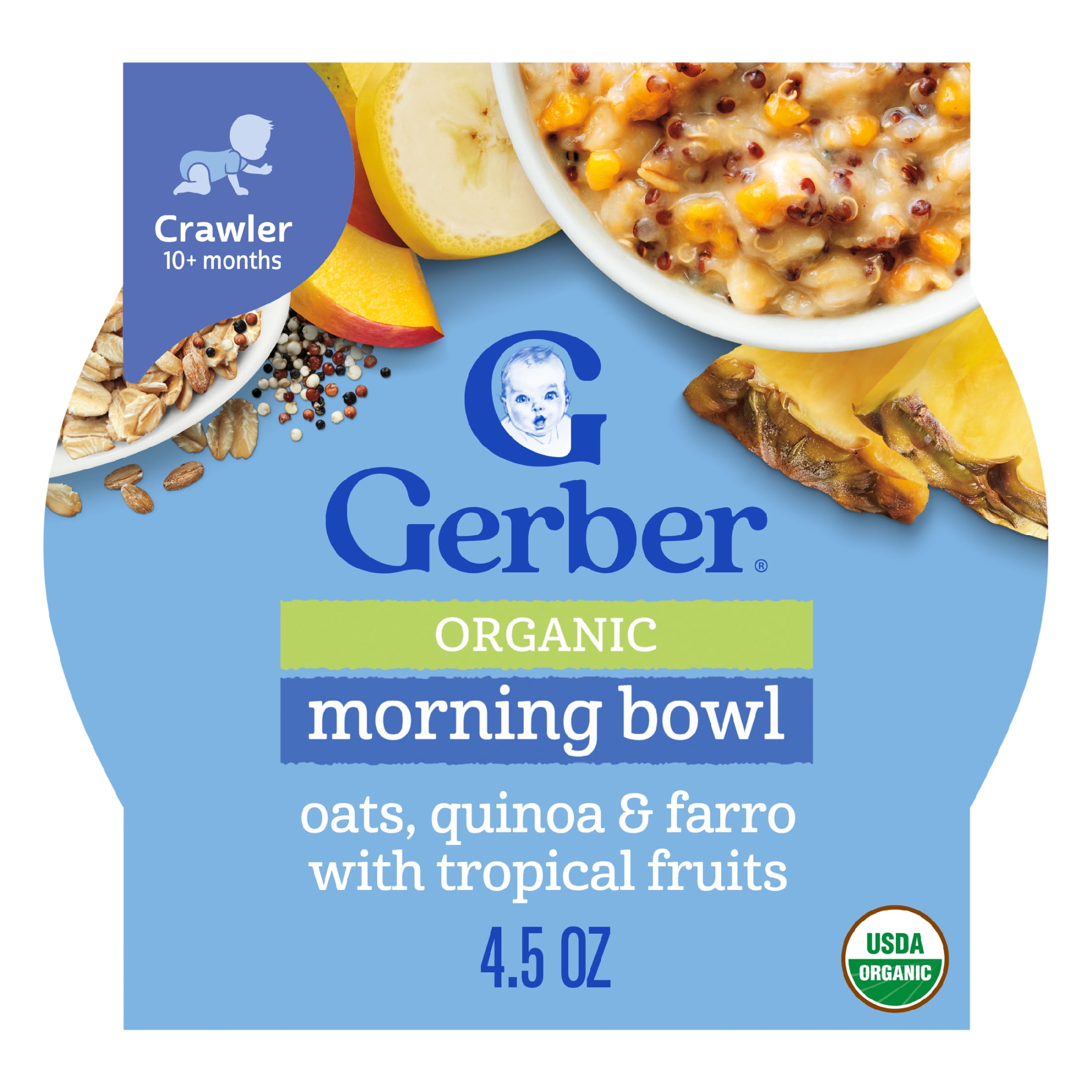 (4 pack) Gerber Organic Grain & Grow Morning Bowl Baby Oatmeal, Tropical Fruits, 4.5 oz Tray