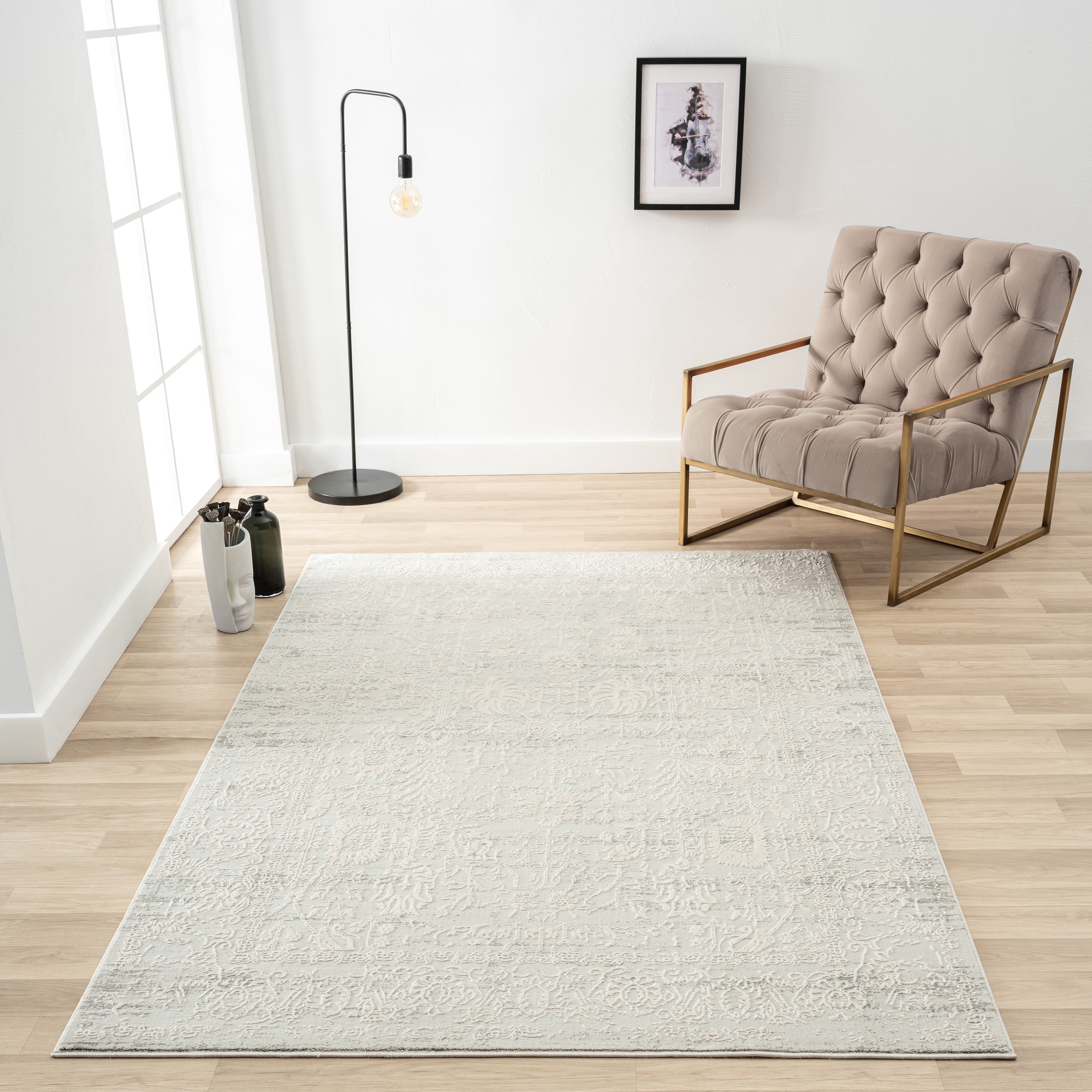 LR Home Isone Jesery Ivory/Gray Transitional Floral Polyester Blend Area Rug, 9' x 12'