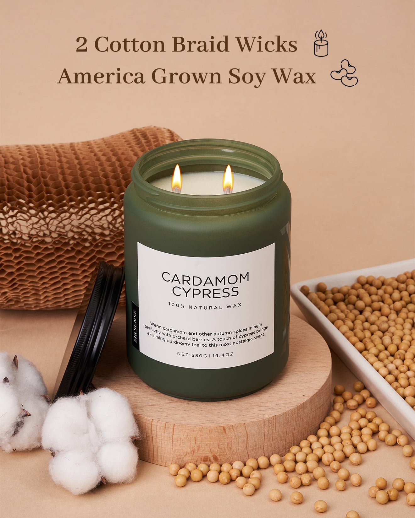 M&SENSE Cardamom Cypress Large Soy Candles for Home Scented，2 Wick Large Soy Natural Candles 19.4oz 110 Hours Long Lasting Slow Burning, Christmas Holiday Woody Scented Winter Candle Gift