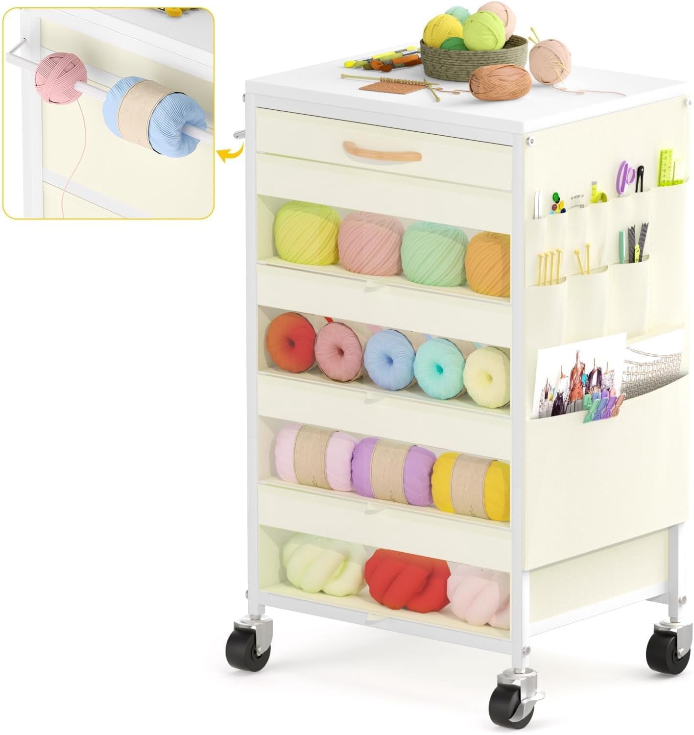 Yarn Storage Organizer Cart with Drawers, Yarn Holder Mobile Knitting Crochet Organizer, Rolling Craft Cart with Lockable Wheels and Side Pockets for Crochet Knitting Supplies, White