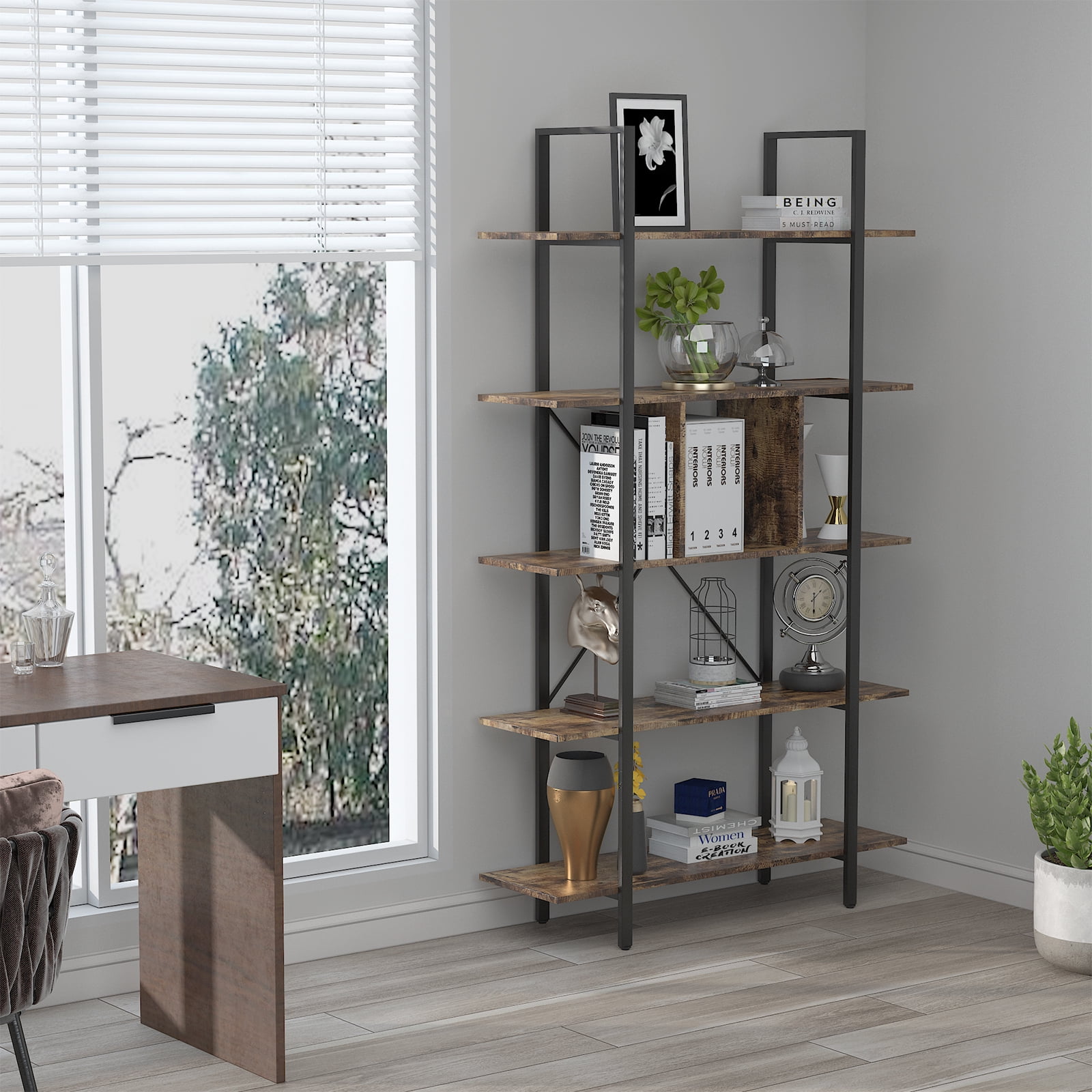 AOUSTHOP 5Tier Metal Frame Bookcase, Rustic Industrial Bookshelf