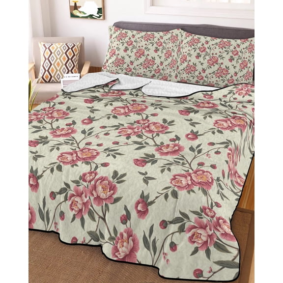 Red Roses Spring Queen Size Down Alternative Comforter, Lightweight Comforter Quilt Bedding Set with Pillow Shams Farmhouse Flower Botanical All Seasons Bed Comforter Duvet Insert 90"x96"