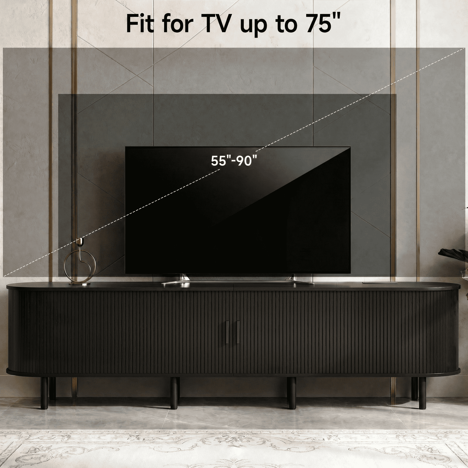 ROGALIS 86.6-Inch TV Stand with Built-in Power Outlet, Compatible with TVs Up to 90 Inches, Modern Entertainment Center with Adjustable Shelves, Storage Space, and Sliding Doors, Black