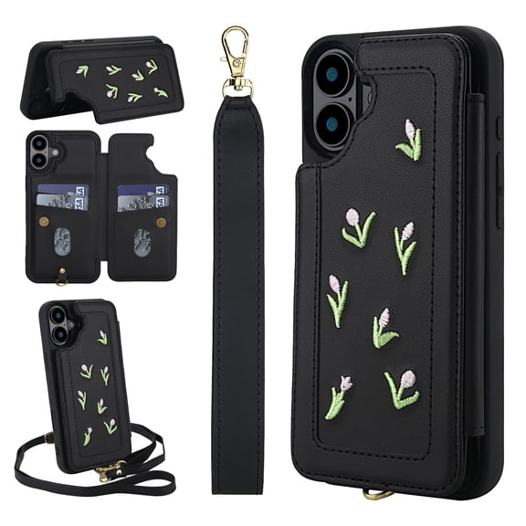 for iPhone 16 Floral Pattern Wallet Case, Magnetic Snap PU Leather Credit Card Holder Stand Wrist Shoulder Strap Flip Cover, for iPhone 16 Protective Case for Girls Women, Black
