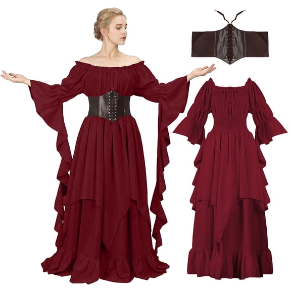 IROOZIGOTO Womens Medieval Renaissance Maxi Dress Off Shoulder Long Flare Sleeve with Brown Lace Up Corset Belt Halloween Cosplay Costume