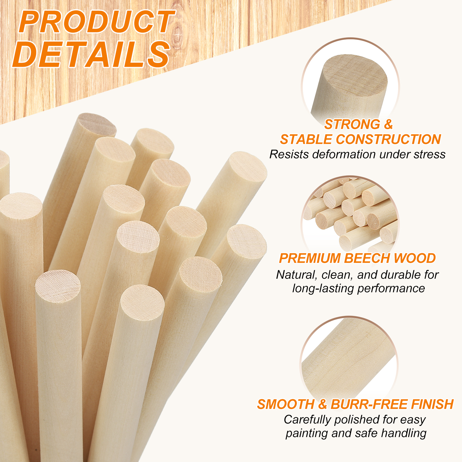 Uxcell Wooden Dowel Rod, Wood Dowels Unfinished Round Wood Sticks Hardwood Sticks for DIY Craft 3/4 x 12 Inch