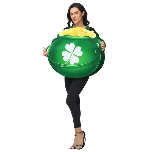Seasons Adult St. Patrick's Day Costume, Novelty Pot of Gold Dress Up, Green Leprechaun Lucky Clover Pattern Outfit, One Size