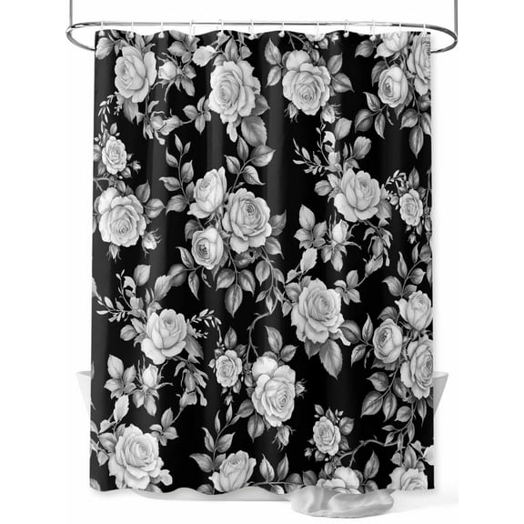 Black Floral Rose Shower Curtain, Vintage Leaf Flower Bathroom Decor Curtains Set with Hooks, Waterproof Fabric Home Accessories， 60 X 72 Inch Long