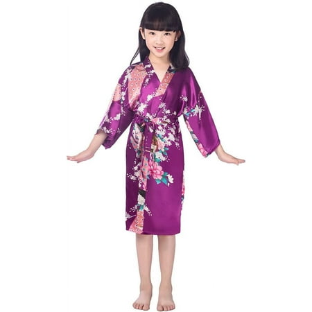 Mr & Mrs Right Kids Satin Floral Kimono Robe Flower Girl Bathrobes for Wedding Spa Party Gifts Bridal Lingerie Sleepwear Bathrobe Peacock
