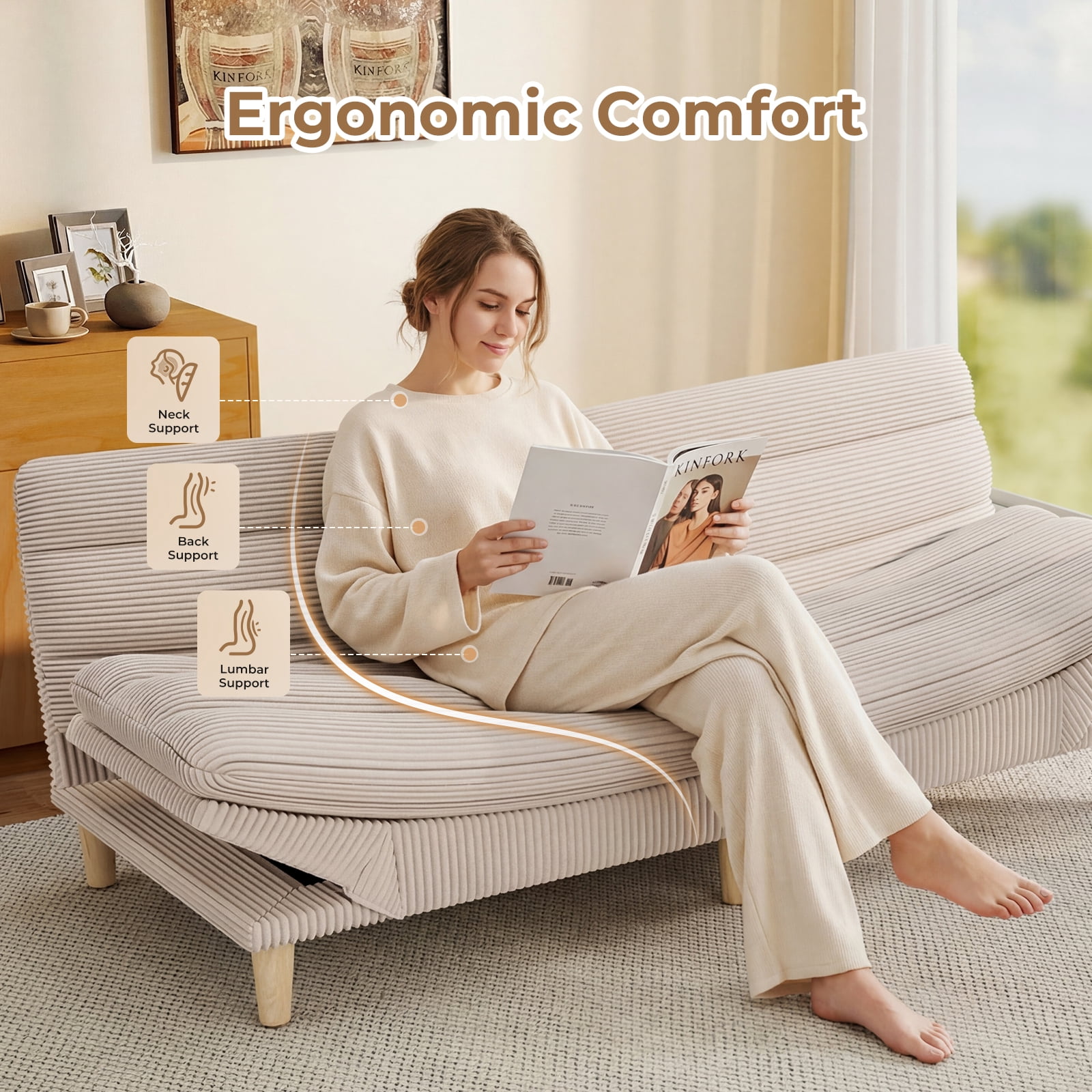 Ebello Convertible Futon Sofa Bed, Fabric with 3-Position Reclining Backrest and Adjustable Armrests for Living Room Apartment Office, Beige