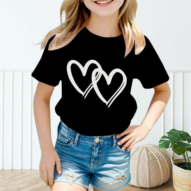 Chemises pour Filles Col Rond Imprimé T-Shirt à Manches Courtes pour Filles Hauts d'Été pour Filles Vêtements pour Enfants Filles 11-12 Ans Mode Filles