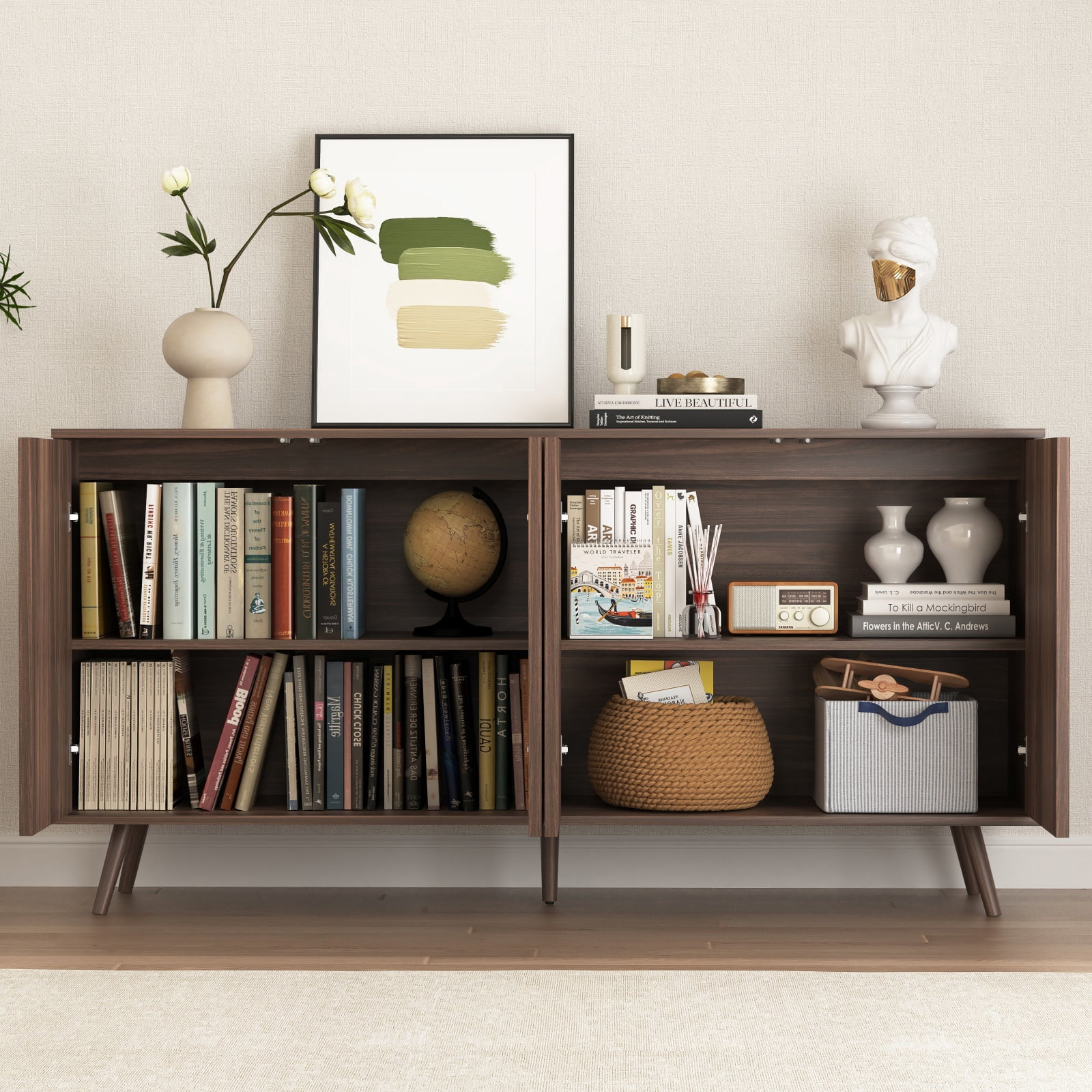 Hommoo Modern Wooden Sideboard Buffet Cabinet with Storage, Sideboard Storage Cabinet with 4 Doors, Multifunctional Credenza Console Coffee Bar Cabinets for Home, Office, Walnut