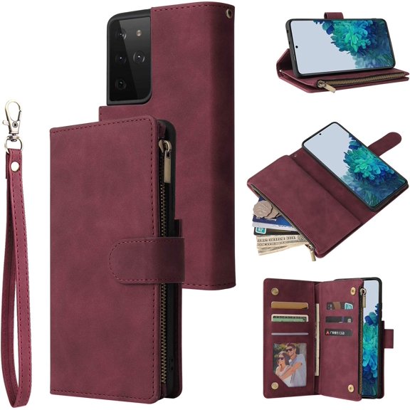 Wallet Case for Samsung Galaxy S21 Ultra, Premium Vintage PU Leather Magnetic Closure Handbag Zipper Pocket Case Kickstand Card Holder Slots Wrist Strap TPU Shockproof Flip Case - Wein Red