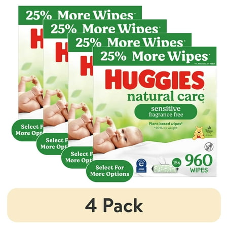 (4 pack) Huggies Natural Care Sensitive Baby Wipes, Unscented, 15 Pack, 960 Total Count (Select for More)
