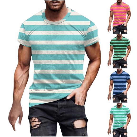Hinvhai Mens Short Sleeve T-Shirts Striped Casual Crewneck Basic Shirt Color Block Stretch Summer Beach Tees Mint Green 8(XL)