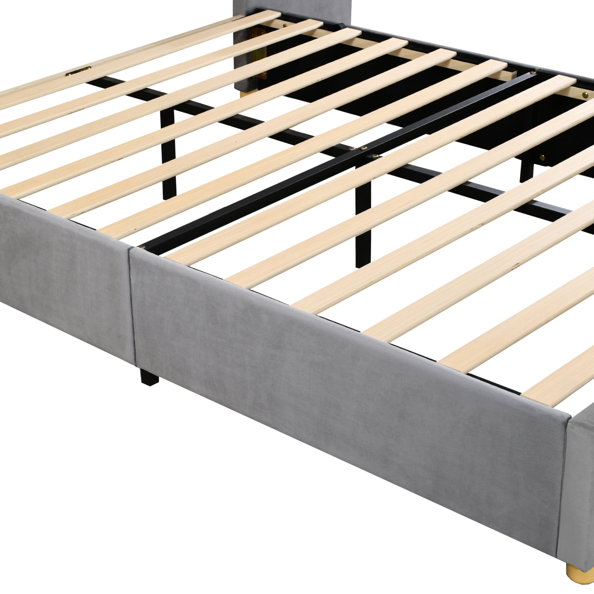 Euroco Upholstered Queen Size Platform Bed with Storage Shelves, USB Charging Station and Pillows, Gray