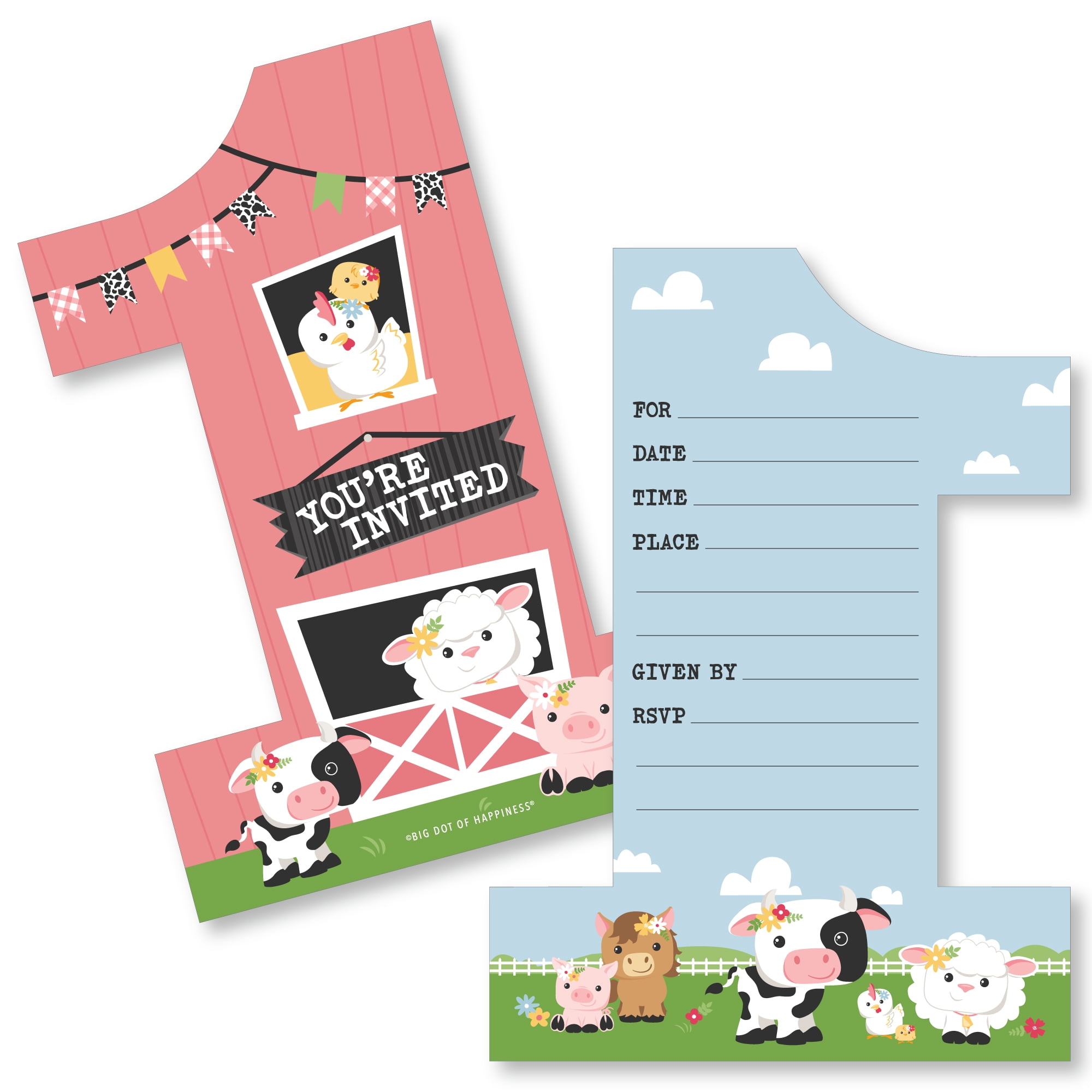 Big Dot of Happiness 1st Birthday Girl Farm Animals - Shaped Fill-In - Pink  Barnyard First Birthday Party Invitation Cards with Envelopes - Set of 12 -  
