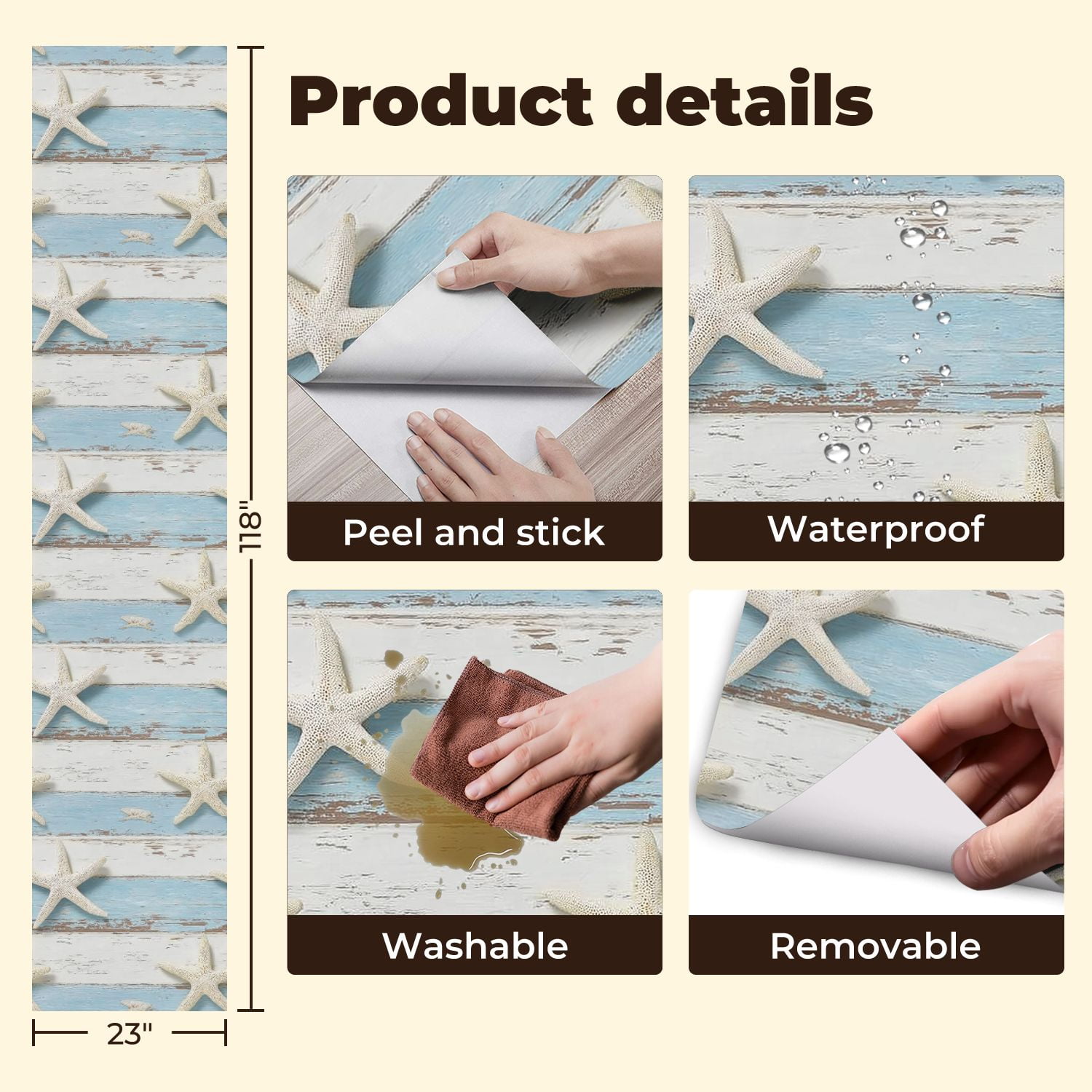Coastal Peel and Stick Wallpaper White Starfish Distressed Blue White Wooden Plank Contact Paper 23.6in x 9.8ft Wallpaper Removable Self Adhesive Wall Paper for Bedroom