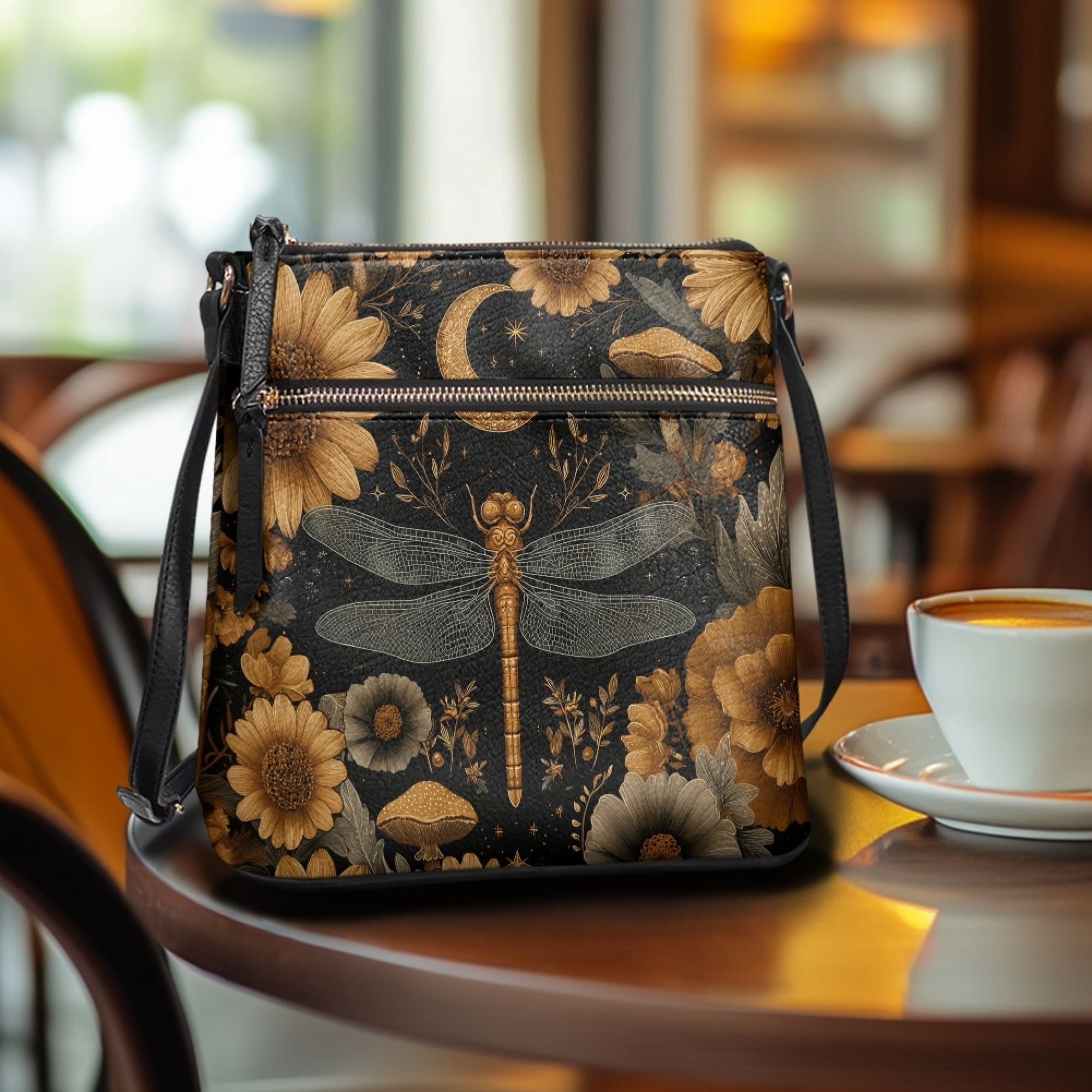 Kuiaobaty Dragonfly Sunflower Moon Print Crossbody Bag for Women, Vintage Vegan Leather Messenger Purse Crossbody with Adjustable Strap, Lightweight Sturdy Hobo Handbag for Travel & Work