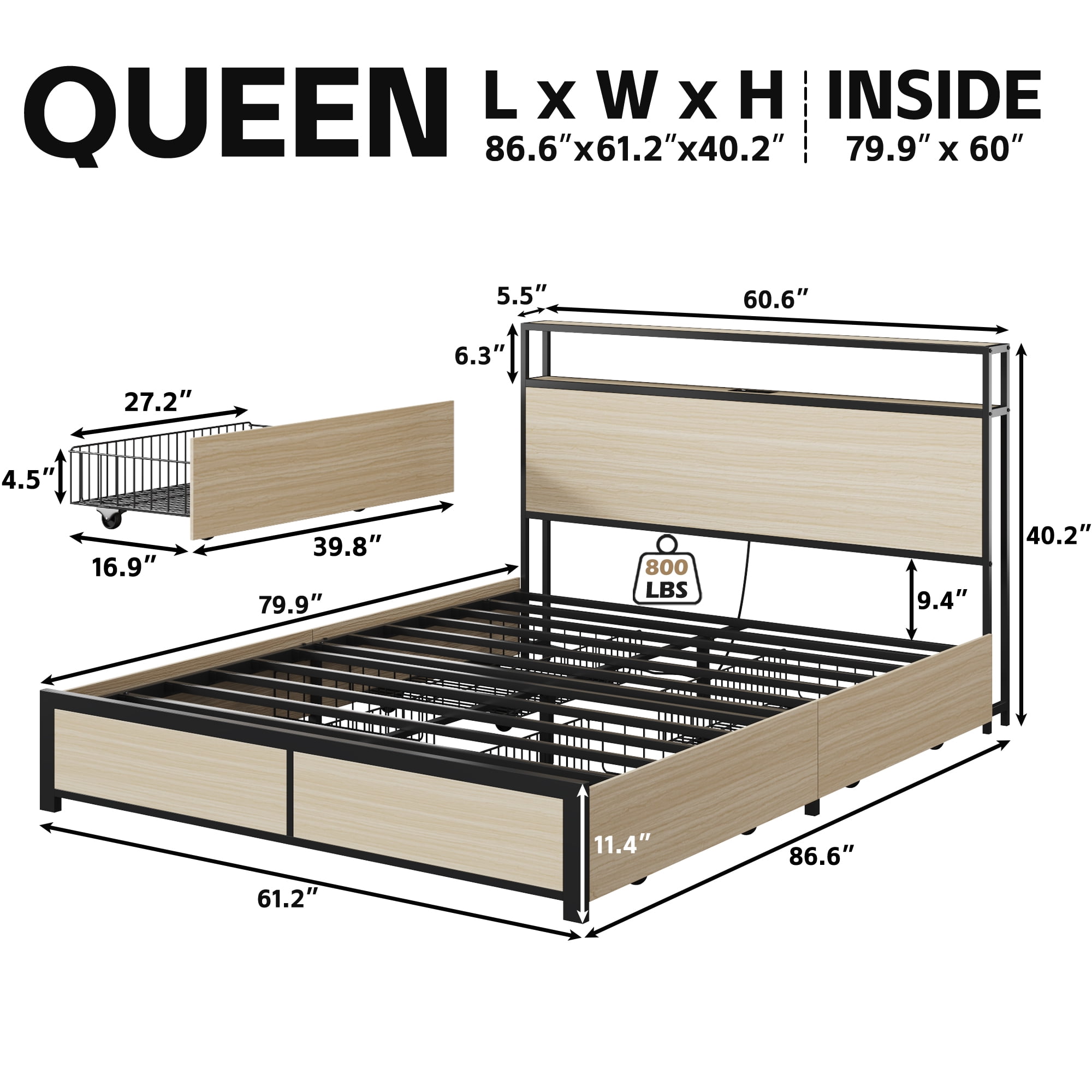 Lifezone Rustic Adult Queen MDF Metal Bookcase Bed with LED Light & Drawers, Beige
