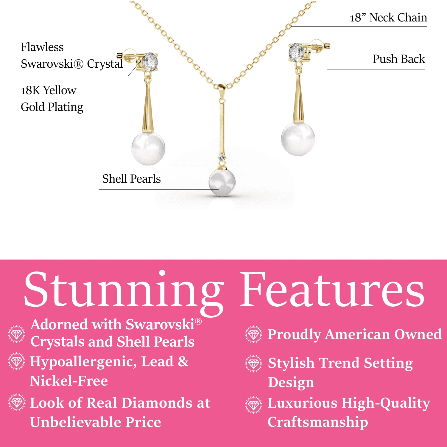 Cate & Chloe Tatum 18k Yellow Gold Plated Jewelry Set with Pearl and Swarovski Crystals for Women