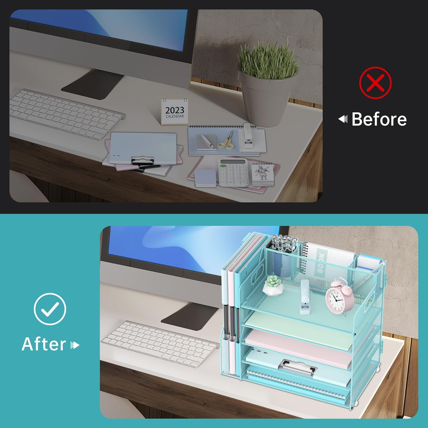 INTIGE 5-Tier Desk Organizer with 3 Pen Holders, Desktop Organizer with Magazine File Holder, Mesh Office Accessories and Pen Tray for File Organization
