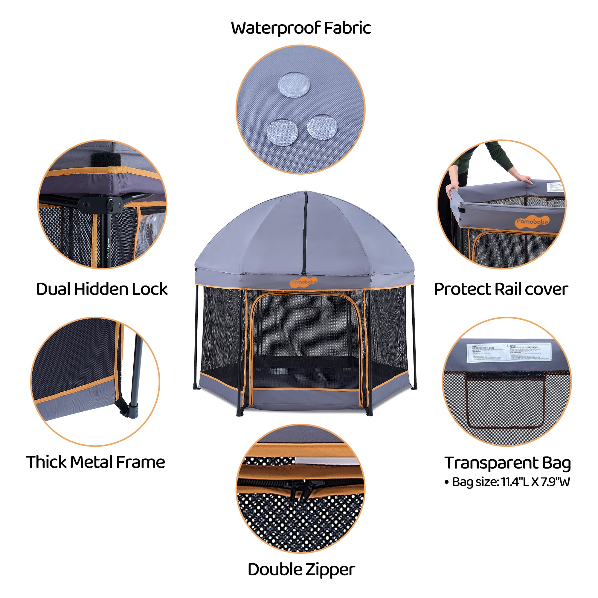 Pamo Babe Outdoor Baby Playpen, Portable, Lightweight, Toddler Playard Canopy and Travel Bag - Grey