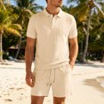 thumbnail image 2 of JUUYY Men's 2 Piece Casual Sets Solid Textured Short Sleeve Button Up Collared Shirts and Drawstring Shorts Set Summer Outfits Khaki S, 2 of 5