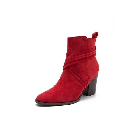 

Kesitin Women Comfort Front Cross Strap Winter Shoes Formal Anti-Slip Booties Breathable Solid Color Ankle Boots Red 40