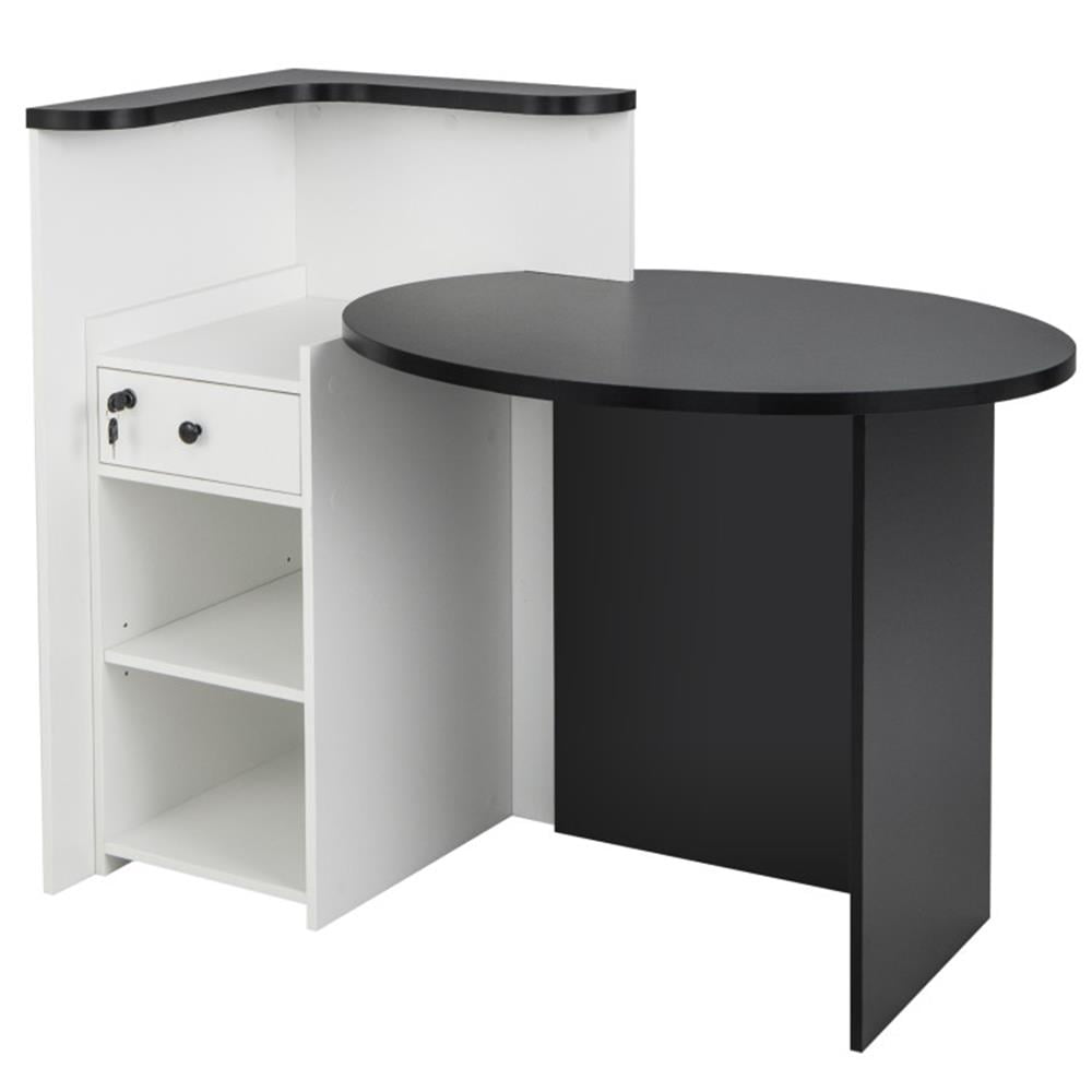 Demi Bonn Front Reception Office Desk with Open Shelf and Lockable Drawer, Small Home Computer Desk Study Writing Table, Black + White