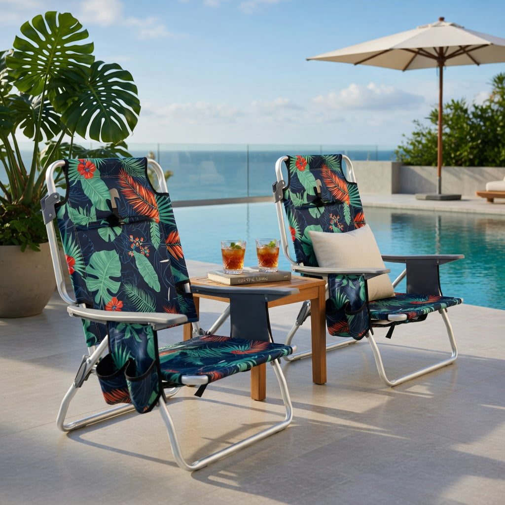 Hommoo 2-Pack Portable 5-Position Reclining Beach Chairs with Folding Side Table, Lightweight Aluminum Camping & Outdoor Chair Set, Green