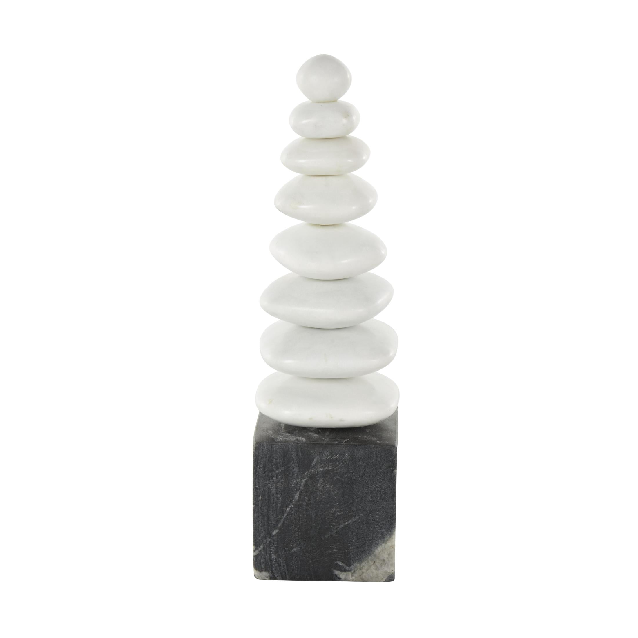 3" x 12" White Marble Stacked Stone Abstract Sculpture with Black Block Base, by DecMode