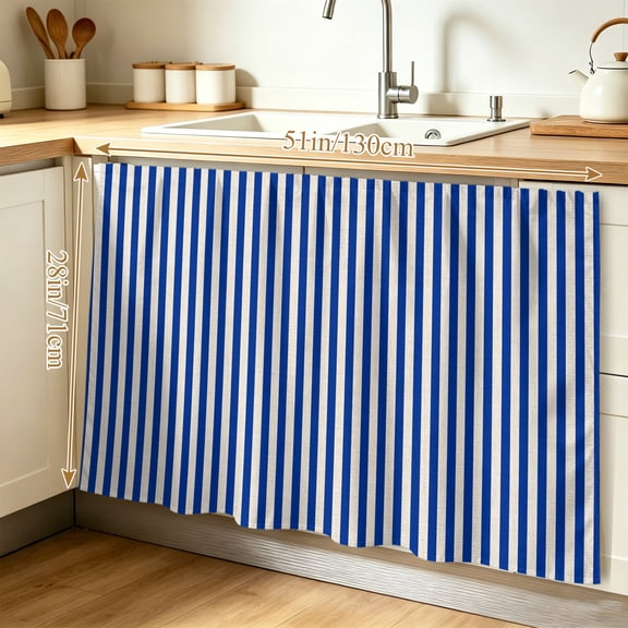 Dark Blue Striped Cabinet Curtain 28"W x 51"L, Modern Beige Geometric Country Dust-Proof Privacy Curtain for Closet Shelves Self Adhesive, Sink Skirt for Bathroom Vanity Kitchen Laundry Room